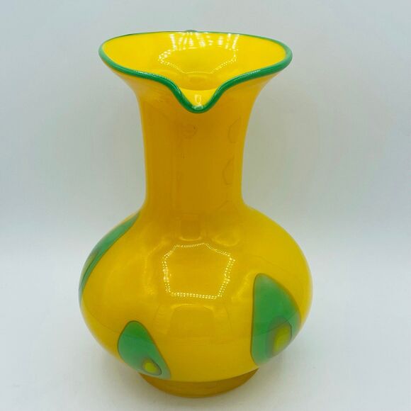 Large Vintage Hand Blown Glass Pitcher Bright Yellow & Green Mid-Century 1960s - Picture 3 of 12